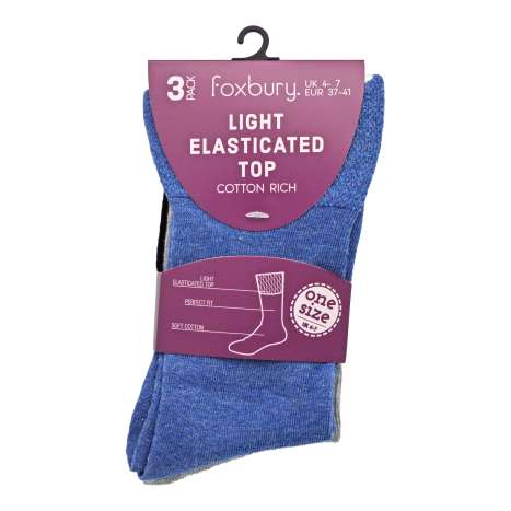 Foxbury Ladies Cotton Rich Light Elasticated Top Socks 3 Pack (Size: 4-7)