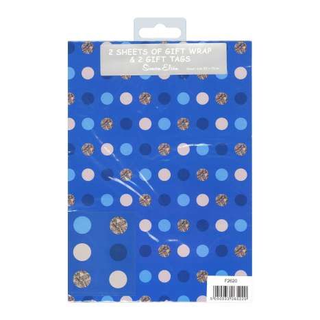 Gift Wrap 2 Pack + 2 Tags (50cm x 70cm) - Blue Dots