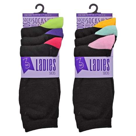 Ladies Contrast Heel & Toe Socks 3 Pack (Size: 4-7) - Assorted Colours