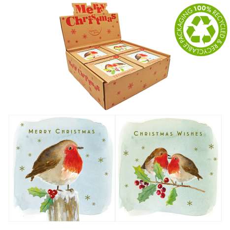 Boxed Kraft Christmas Cards In Display Box 12 Pack - Robins