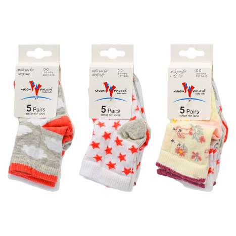 Baby Girl Moon Walker Socks (3-6 Months) 5 Pack - Assorted Designs