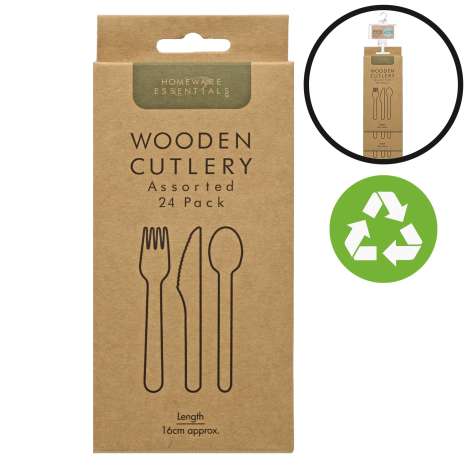 Homeware Essentials Wooden Cutlery 24 Pack (Clip Strip Provided)