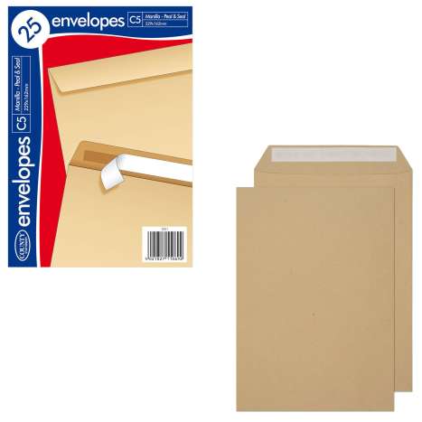 C5 Peel & Seal Envelopes 25 Pack (229mm x 162mm) - Manilla