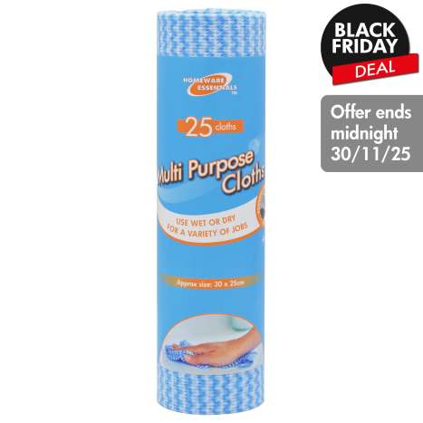 Homeware Essentials Multi Purpose Cleaning Cloths on Roll (30cm x 25cm) 25 Pack