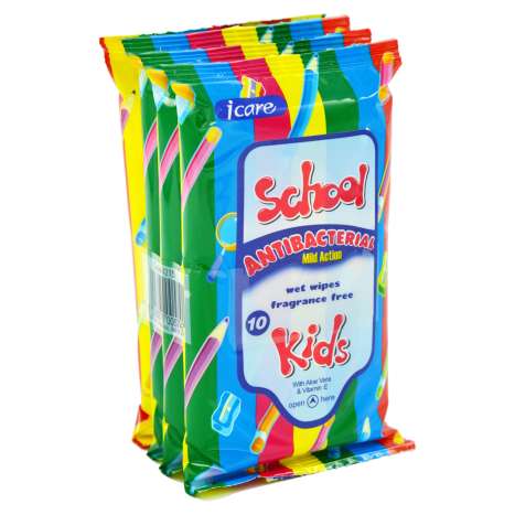 Icare School Kids Antibacterial Pocket Wipes Multi-Pack (10 Wipes x 4 Packs)