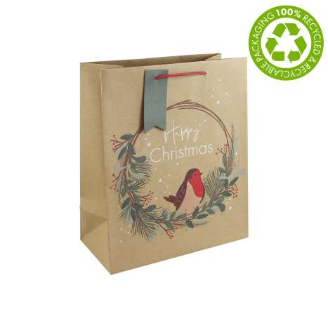 Medium Gift Bags (21.5cm x 25.3cm) - Kraft Robin Wreath