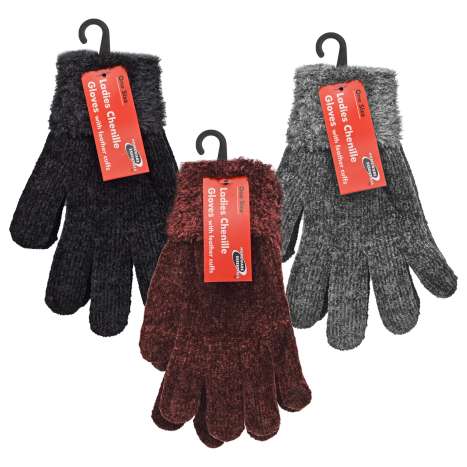 Homeware Essentials Ladies Chenille Gloves with Feather Cuffs