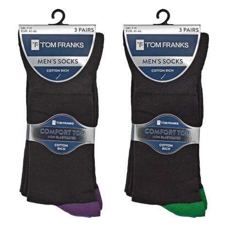 Tom Franks Men's Cotton Rich Non Elasticated Heel & Toe Socks 3 Pack (Size: 7-11) - Assorted Colours