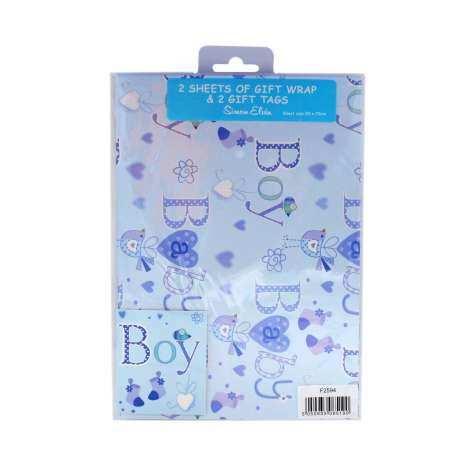 Gift Wrap 2 Pack + 2 Tags (50cm x 70cm) - Baby Boy