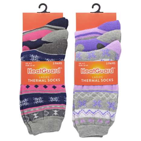 HeatGuard Ladies Thermal Socks 3 Pack (Size: 4-7) - Assorted Colours