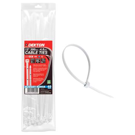 Dekton Cable Ties 40 Pack - 4.8mm X 300mm - White