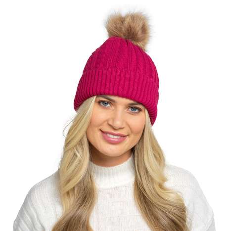 Foxbury Ladies Cable Knit Lined Pom Pom Hats (One Size) - Assorted Colours