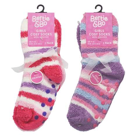 Bertie & Bo Girls Cosy Slipper Socks 2 Pack (Mixed Child Sizes) - Assorted Colours