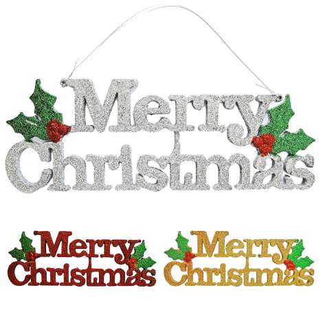 Glitter Merry Christmas Plaque 29cm - Assorted Colours