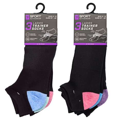 Tom Franks Ladies Sports Trainer Socks 3 Pack (Size: 4-8) - Assorted Colours
