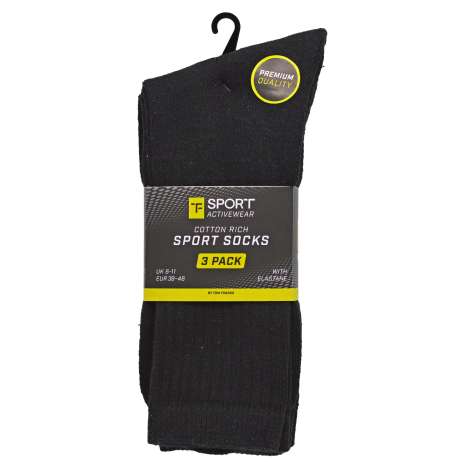 Tom Franks Men's Sports Socks 3 Pack (Size: 6-11) - Black