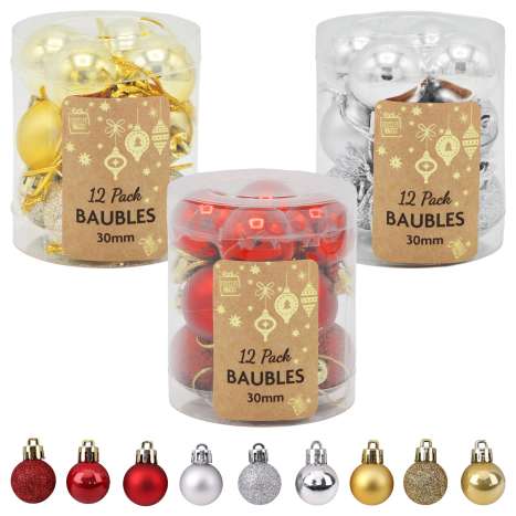 Christmas Tree Baubles (30mm) 12 Pack - Assorted Colours
