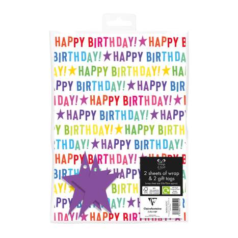Gift Wrap 2 Pack + 2 Tags (50cm x 70cm) - Happy Birthday Text