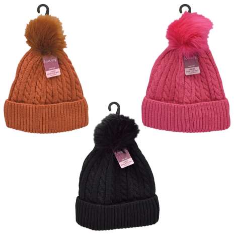 Foxbury Ladies Cable Knit Lined Pom Pom Hats (One Size) - Assorted Colours