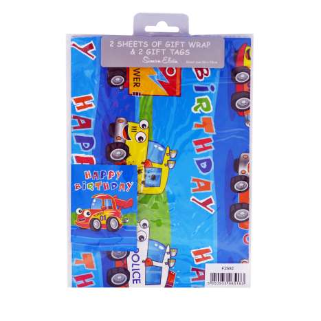 Gift Wrap 2 Pack + 2 Tags (50cm x 70cm) - Cartoon Cars