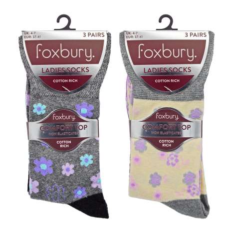 Foxbury Ladies Cotton Rich Non Elasticated Socks 3 Pack (Size: 4-7) - Assorted Colours