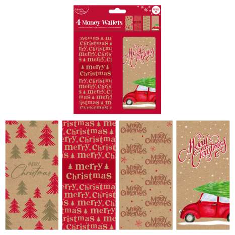 Christmas Money Wallets 4 Pack (Assorted) - Kraft Merry Christmas