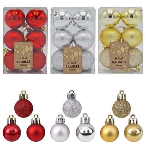 Christmas Tree Baubles (50mm) 6 Pack - Assorted Colours