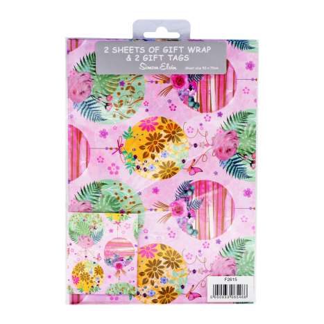 Gift Wrap 2 Pack + 2 Tags (50cm x 70cm) - Floral Circles
