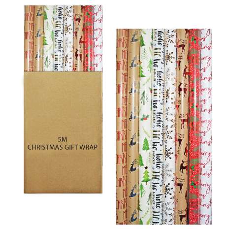 Christmas Wrap 5M (Assorted) - Kraft & Text