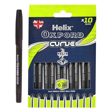 Helix Oxford Curve Needle Point Ball Pens 10 Pack - Black