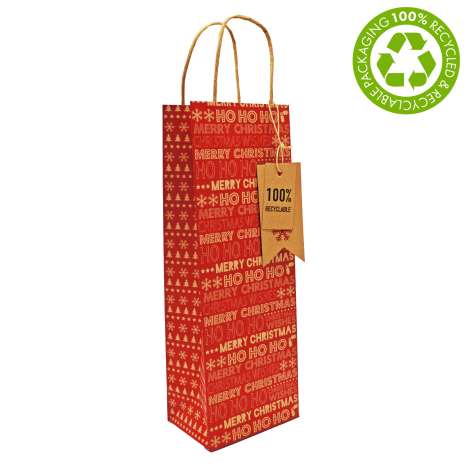 Kraft Christmas Text Bottle Bag - Red