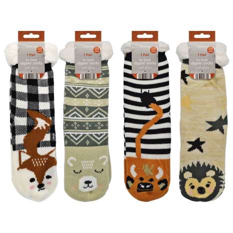 Country Club Fur Lined Slipper Socks with Grips (One Size) - Assorted Designs