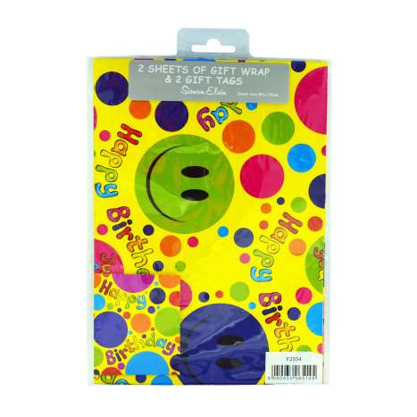 Gift Wrap 2 Pack + 2 Tags (50cm x 70cm) - Smiley Face
