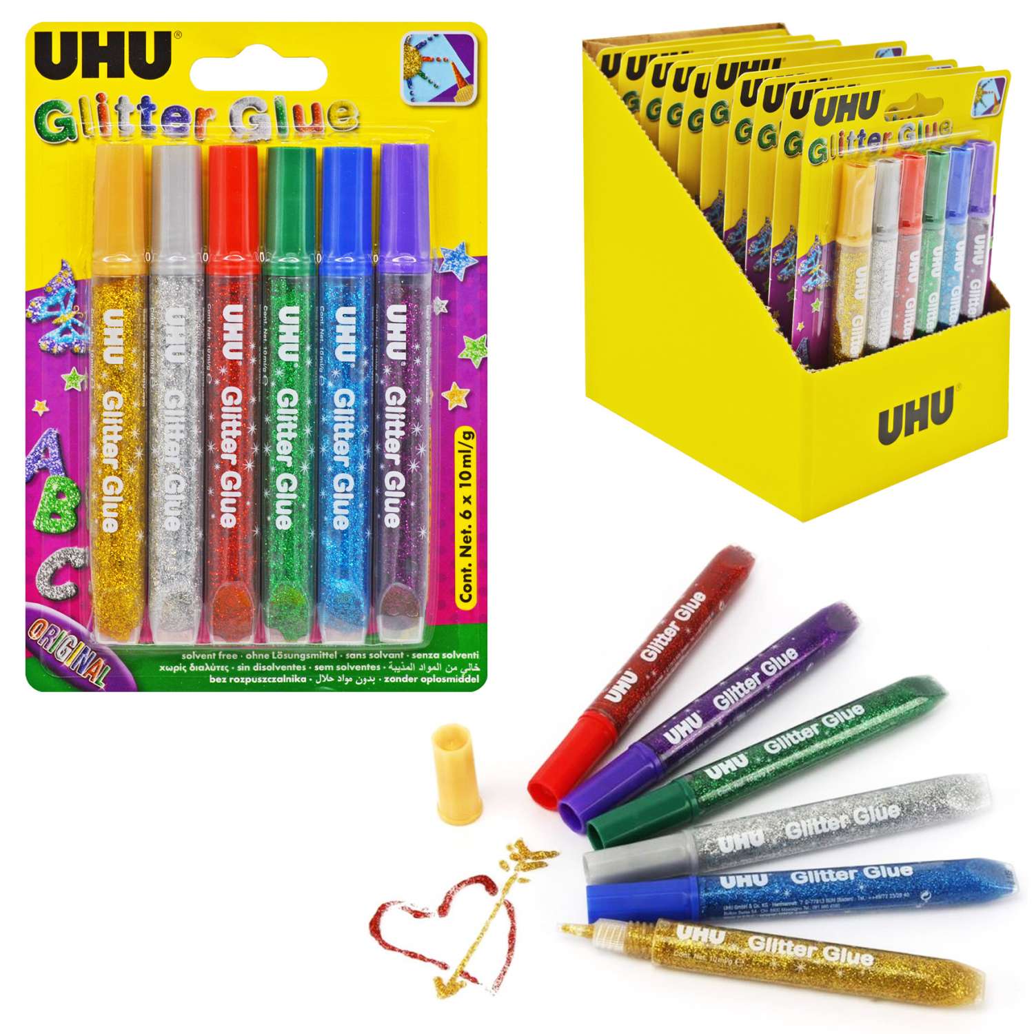 UHU Glitter Glue | Colla Glitter Fai Da Te In Tubetto | 6 X 10 Ml, Confezione Da 2 (Shiny)